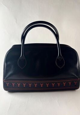Vintage YSL Rive Gauche Y Bowling Bag Black Leather Brown Logo Trim